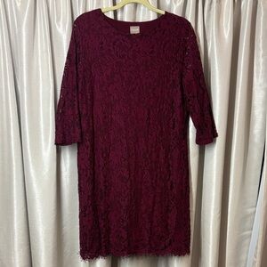 Chico's Burgundy Lace 3/4 Sleeve sheath Dress, holiday, festive, maroon, size 2